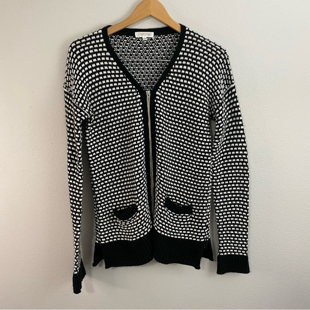 Lovely Girl Full Zip Cardigan Sweater Black and‎ White with Pockets Womens Large